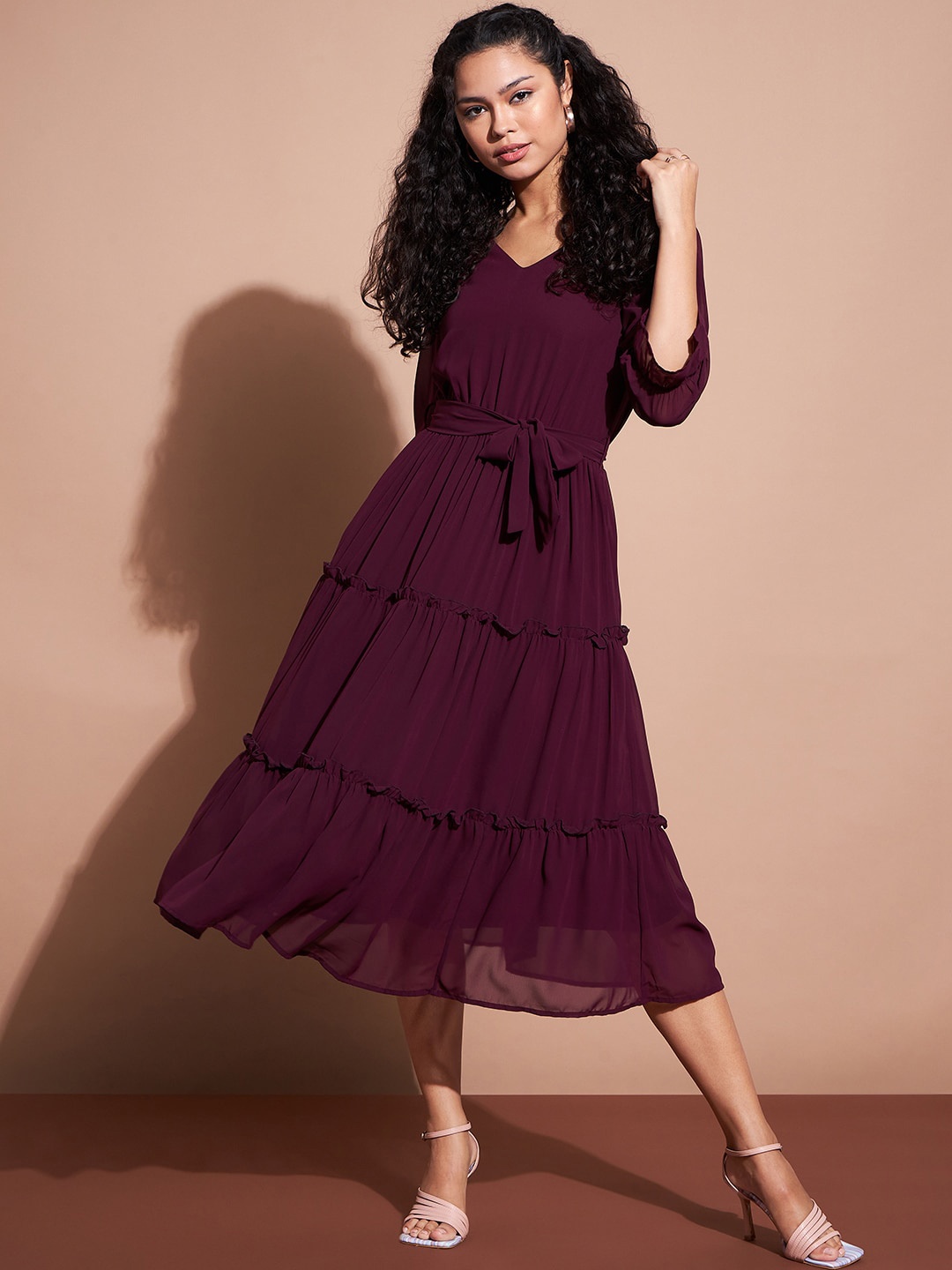 

Deewa V-Neck Georgette Fit & Flare Dress, Burgundy