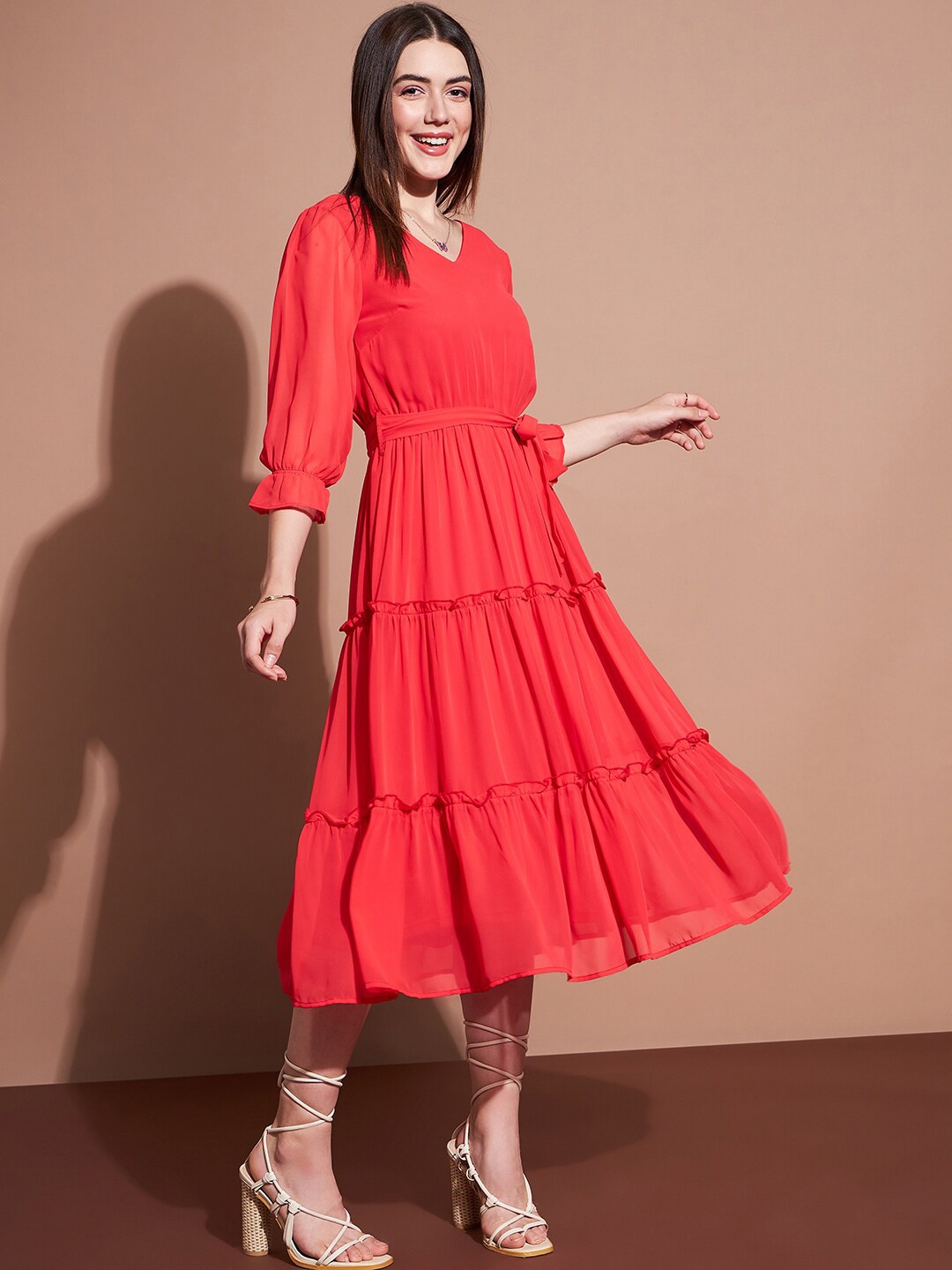 

Deewa V-Neck Puff Sleeves Ruffled Tiered Fit & Flare Midi Dress, Pink