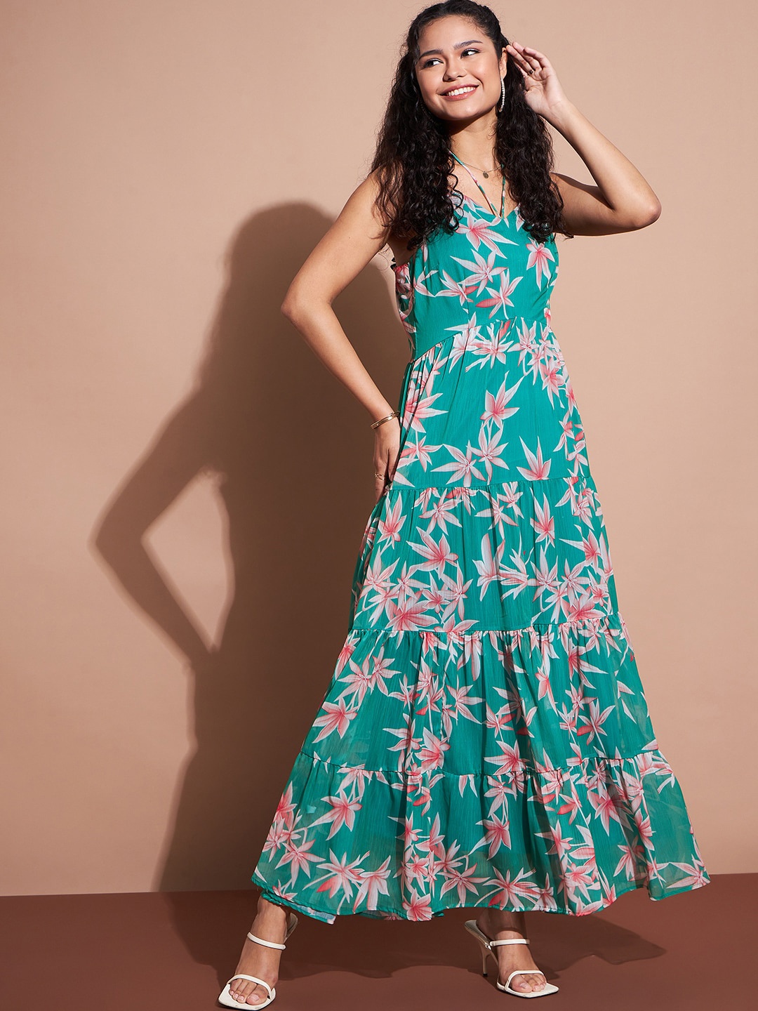 

Deewa Floral Printed Shoulder Straps Maxi Dress, Green