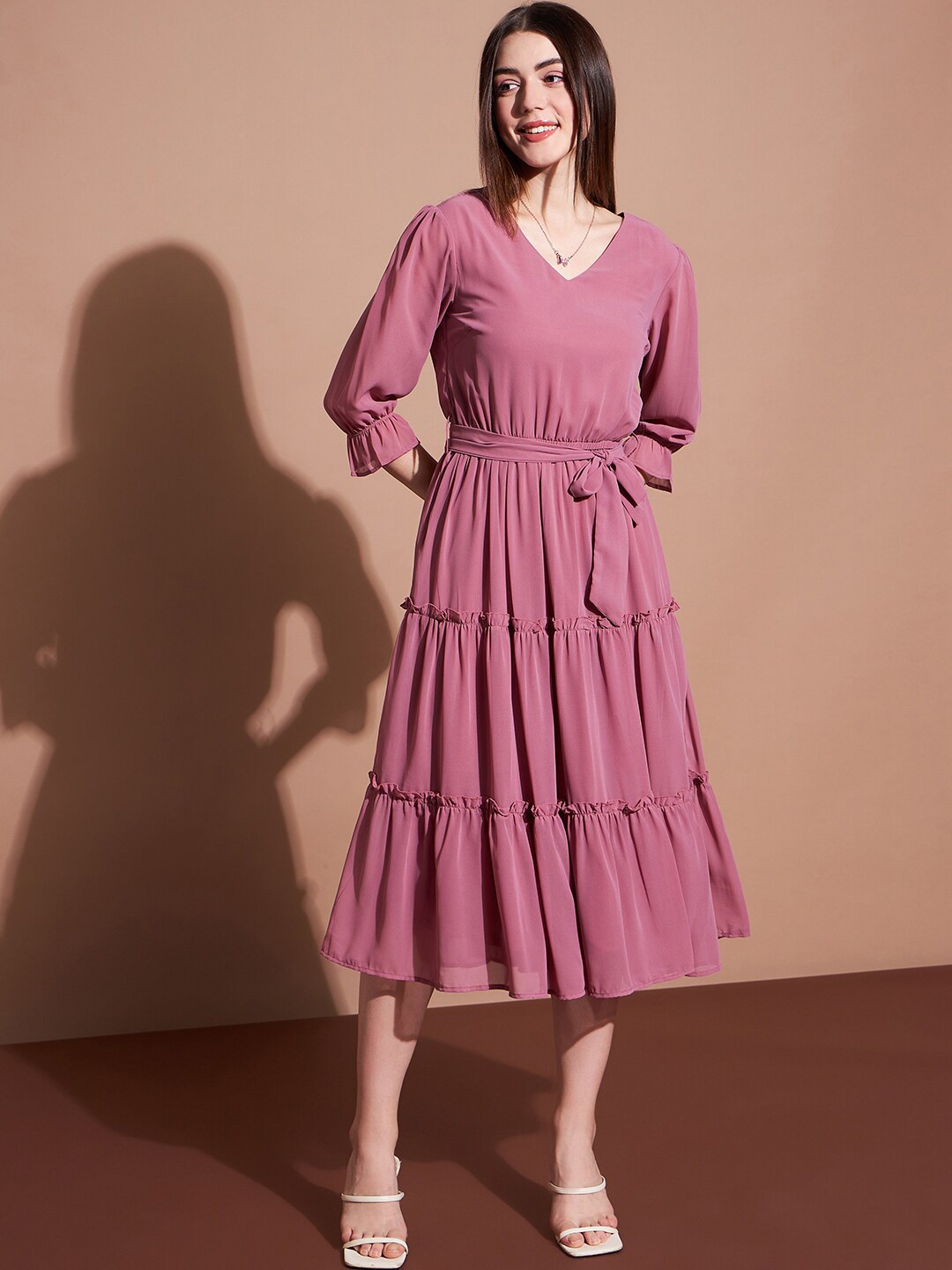 

Deewa V-Neck Puff Sleeves Ruffled Tiered Fit & Flare Midi Dress, Pink