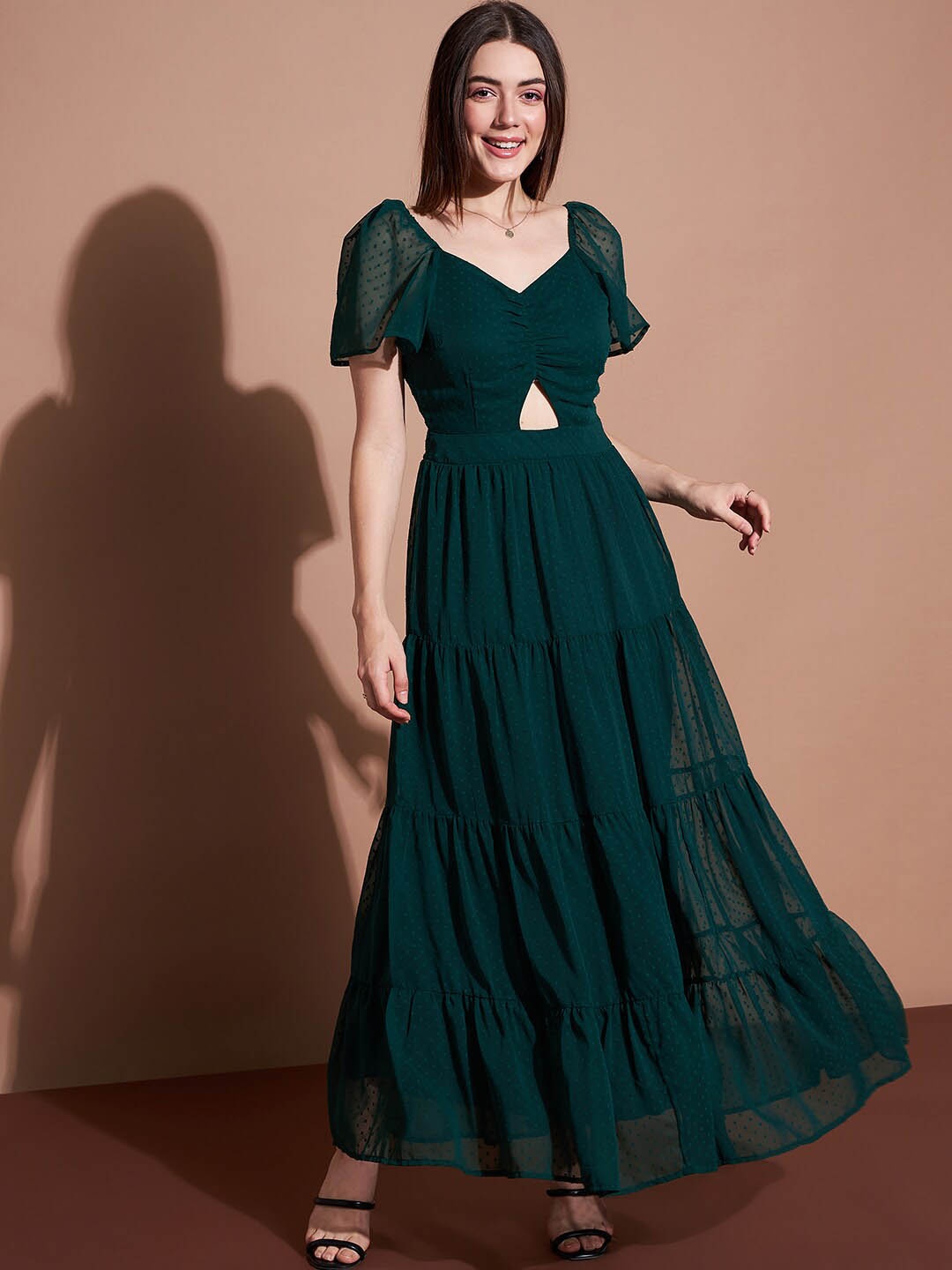 

Deewa V-Neck Cut-Out Detail Tiered Georgette Maxi Dress, Green