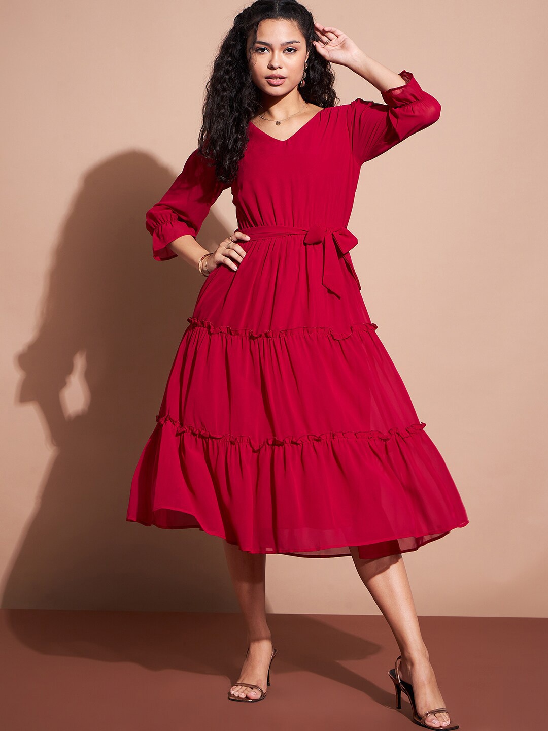 

Deewa V-Neck Puff Sleeve Tiered Georgette Fit & Flare Midi Dress, Maroon