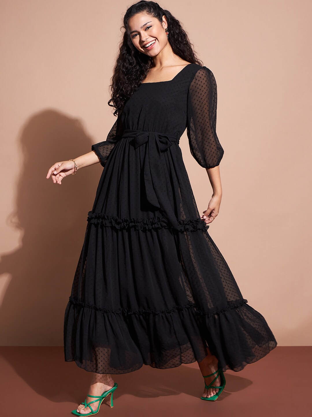 

Deewa Square Neck Puff Sleeves Tiered Ruffled Georgette Maxi Dress, Black