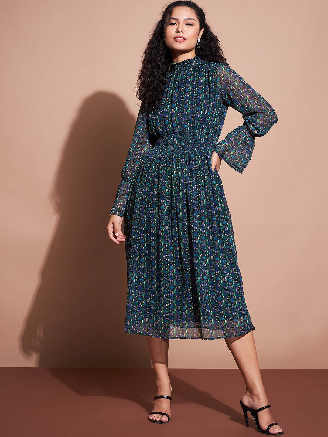 

Deewa Floral Printed High Neck Bell Sleeves Smocked Georgette A-Line Dress, Green