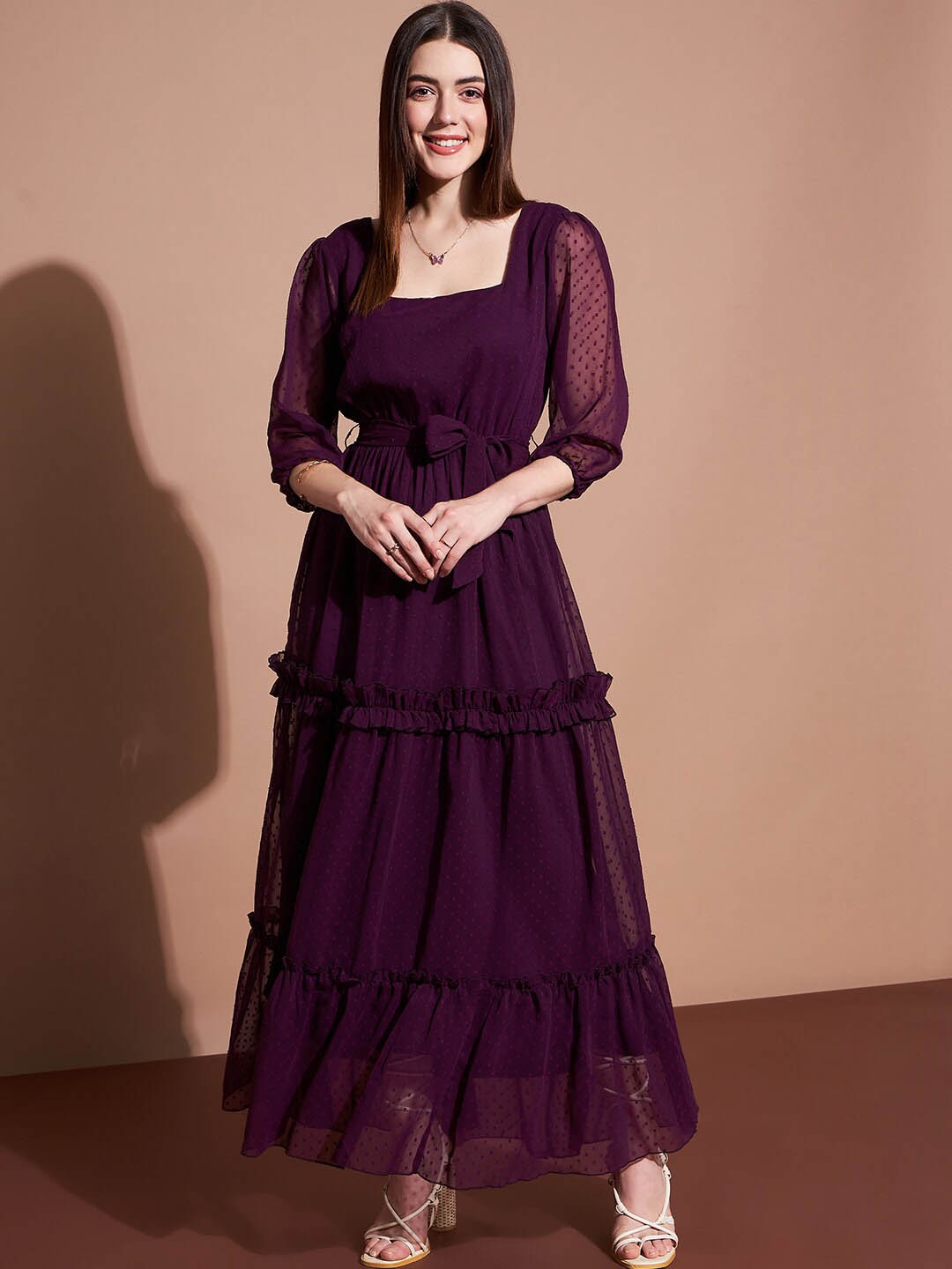 

Deewa Square Neck Puff Sleeves Tiered Ruffled Georgette Maxi Dress, Maroon