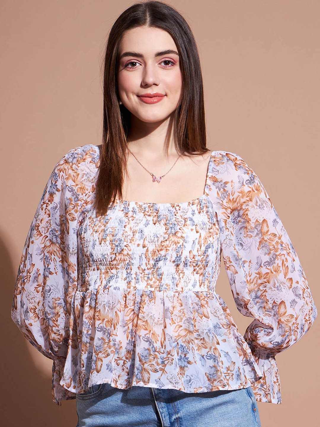 

Deewa Floral Print Georgette Regular Top, White