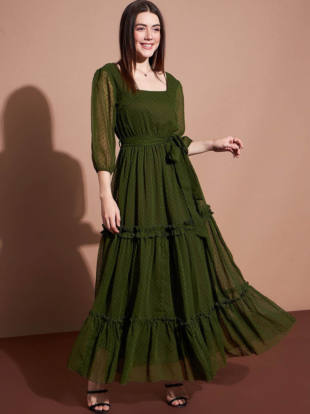 

Deewa Square Neck Puff Sleeves Tiered Ruffled Georgette Maxi Dress, Olive