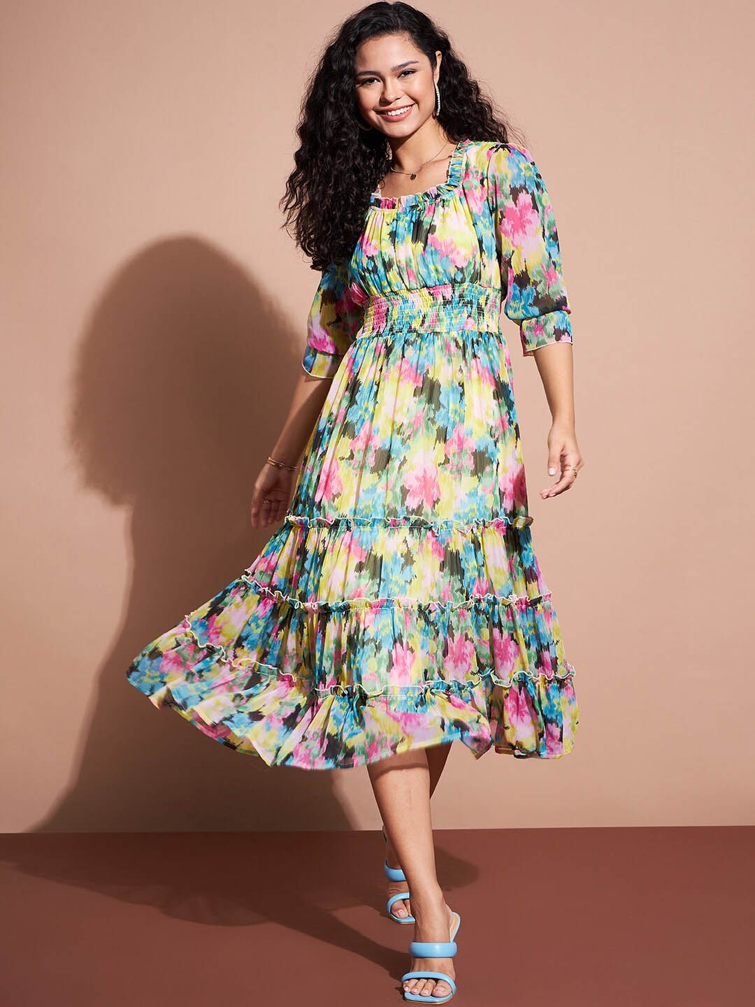 

Deewa Abstract Printed Square Neck Puff Sleeves Smocked Tiered Fit & Flare Midi Dress, Yellow