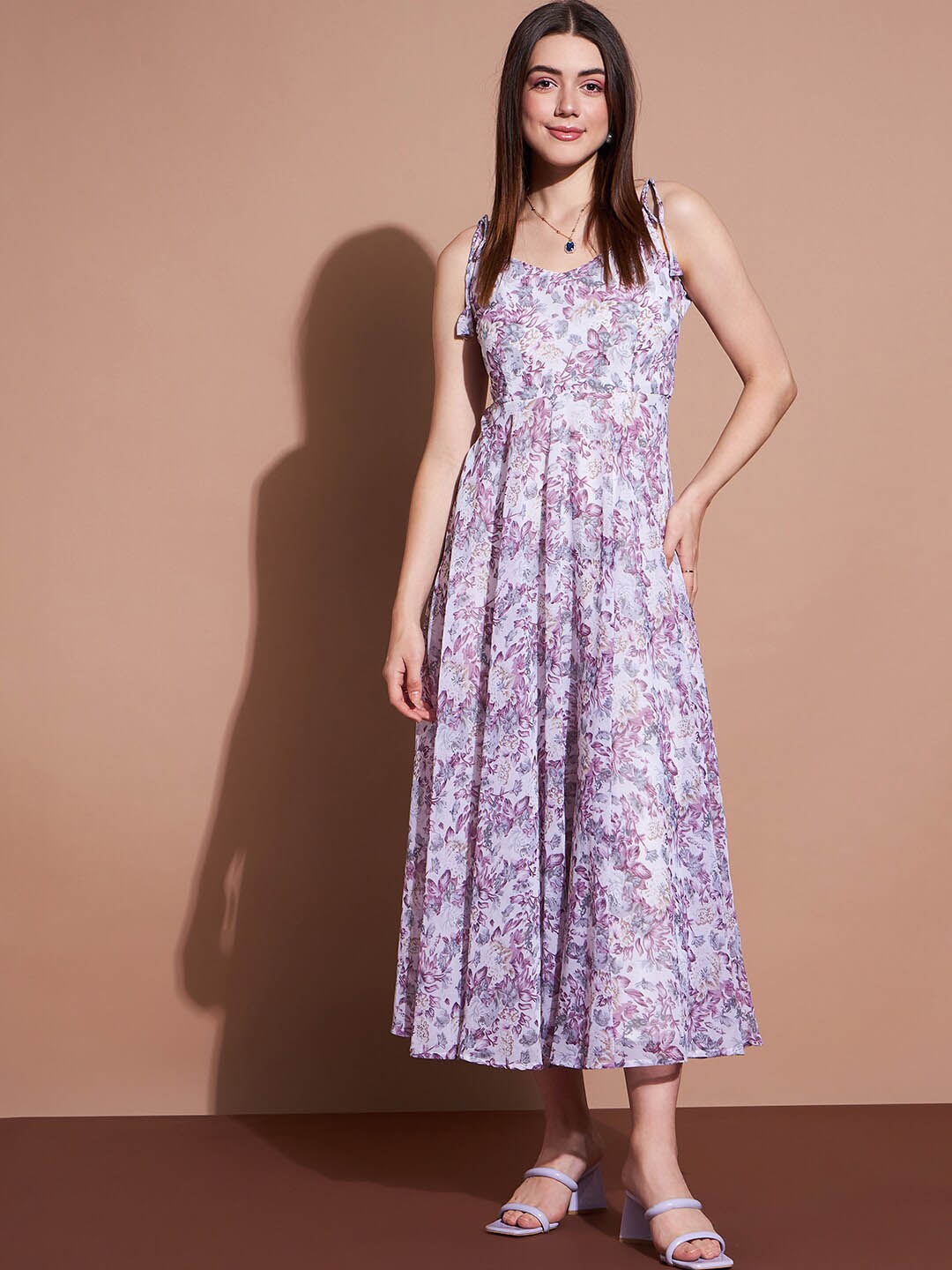 

Deewa Floral Printed V-Neck Shoulder Strap Fit & Flare Maxi Dress, White