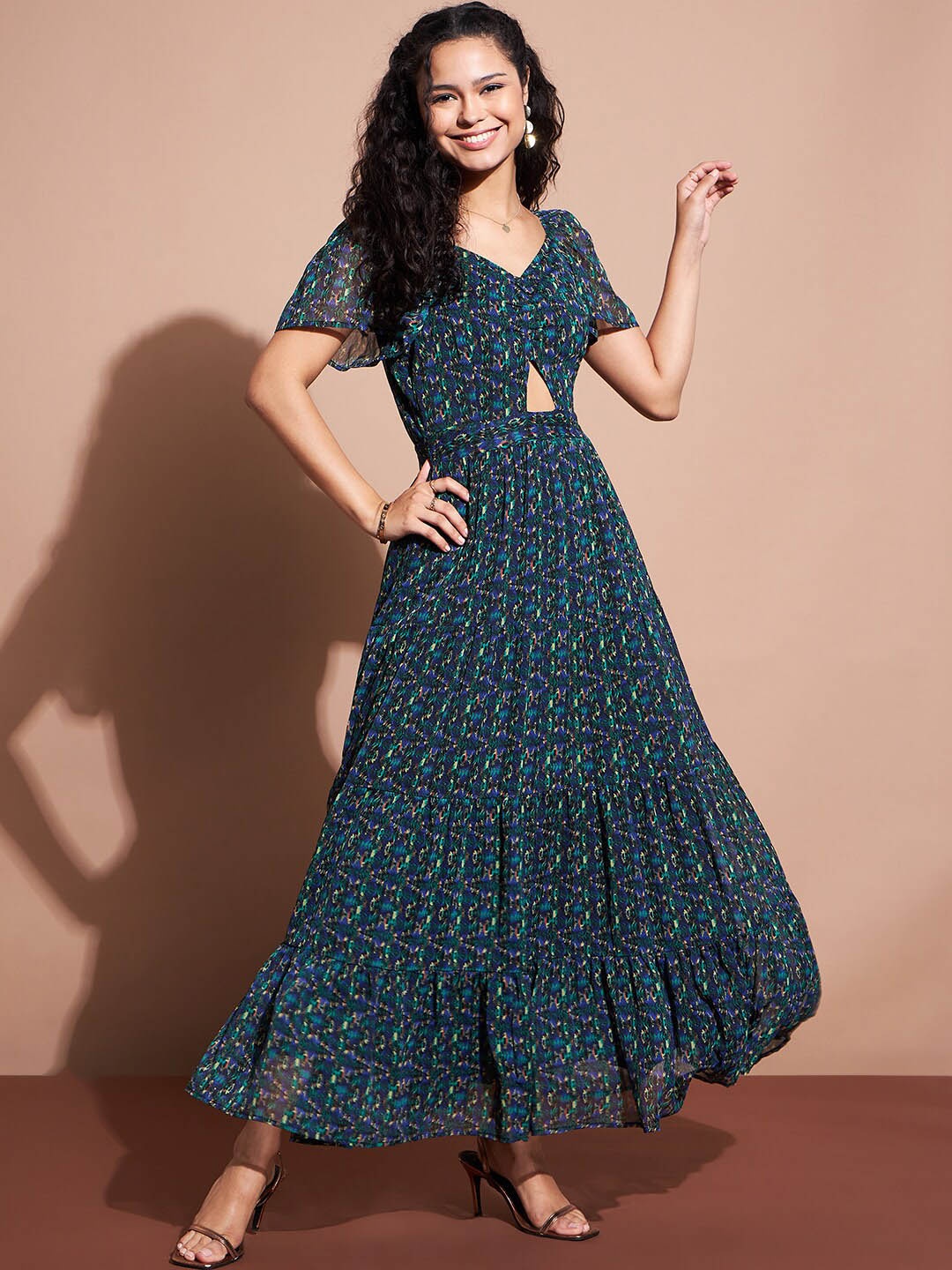 Deewa Floral Printed V-Neck Cut-Out Detail Georgette Maxi Dress, Green