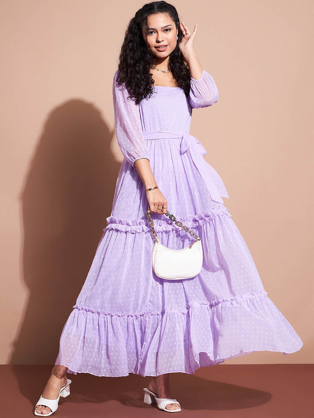 

Deewa Square Neck Puff Sleeves Tiered Ruffled Georgette Maxi Dress, Purple