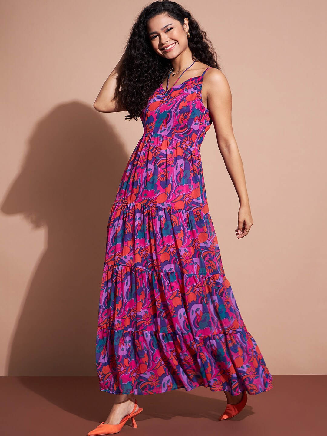 

Deewa Floral Printed Tiered Georgette Maxi Dress, Pink