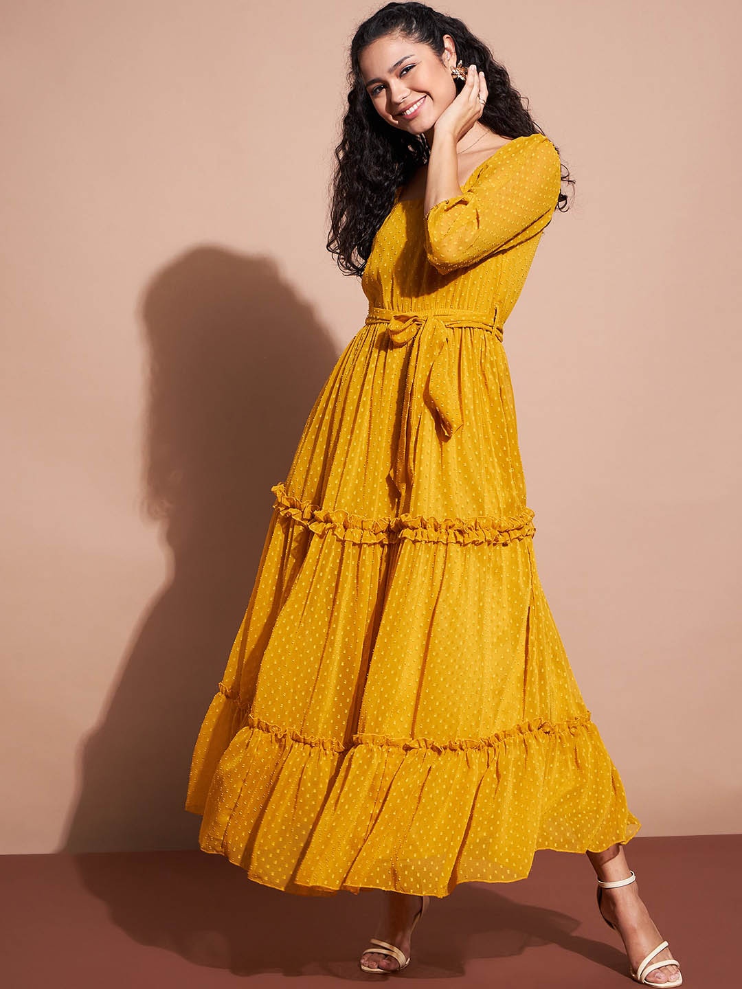 

Deewa Self Design V-Neck Puff Sleeves Ruffled Tiered Fit & Flare Maxi Dress, Mustard
