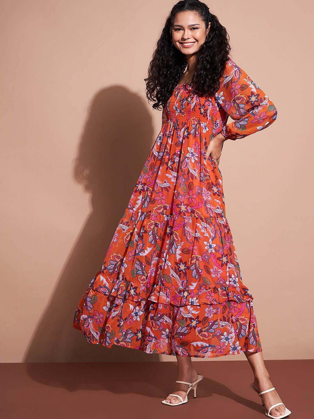 

Deewa Floral Printed Square Neck Smocked Tiered Fit & Flare Midi Dress, Orange