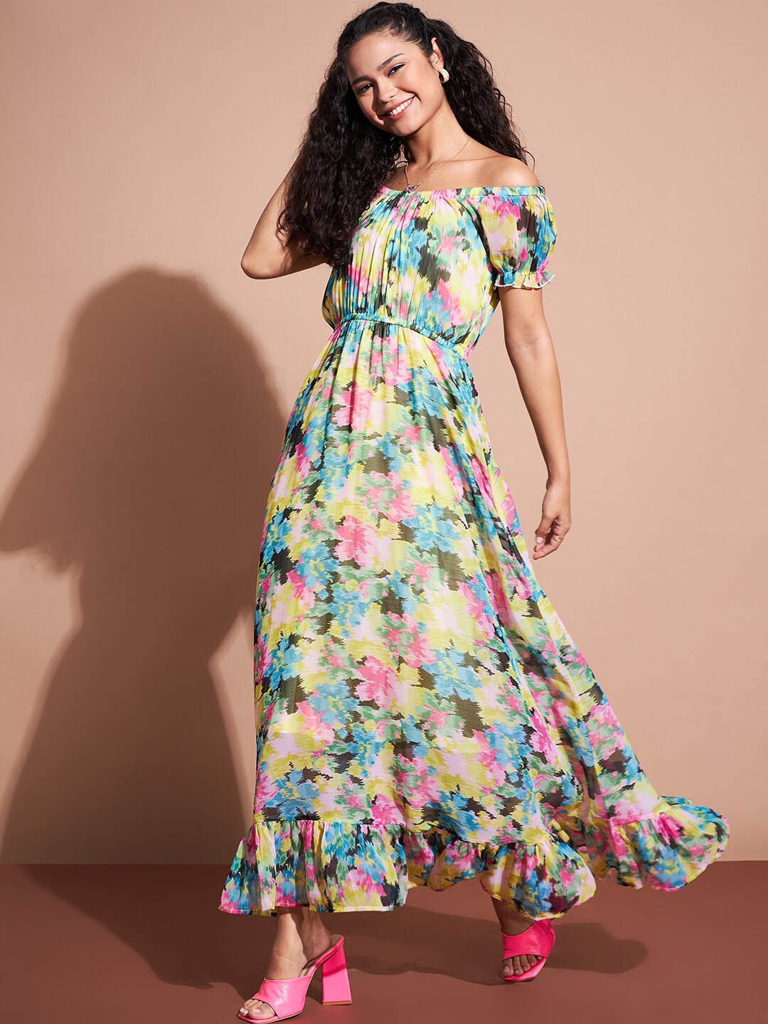 

Deewa Floral Printed Off-Shoulder Puff Sleeves Gathered Maxi Dress, Yellow