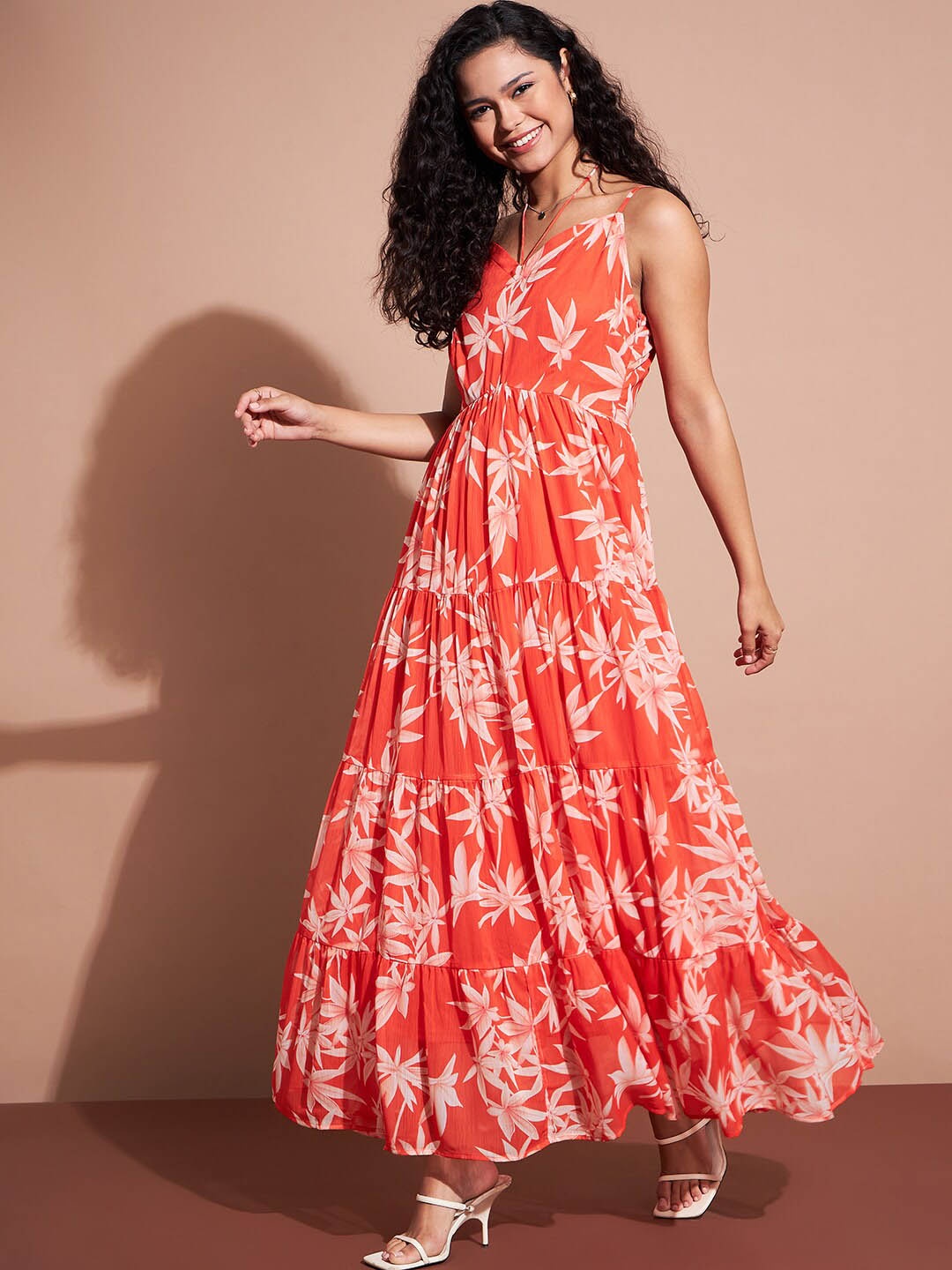 

Deewa Floral Printed Halter Neck Georgette Fit & Flare Midi Dress, Orange