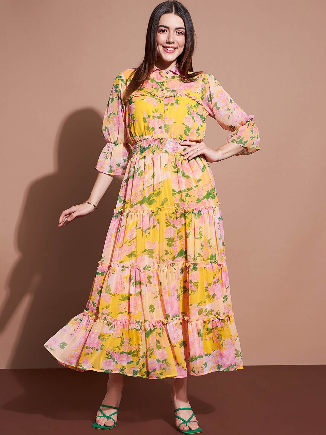 

Deewa Floral Printed Shirt Collar Georgette Maxi Dress, Yellow