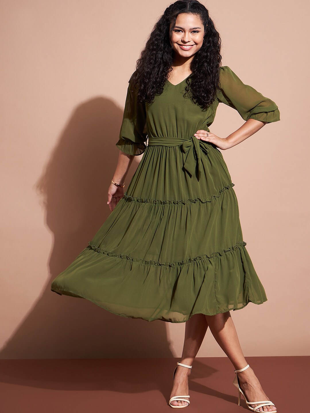 

Deewa Puff Sleeve Ruffled Georgette Tiered Fit & Flare Midi Dress, Olive