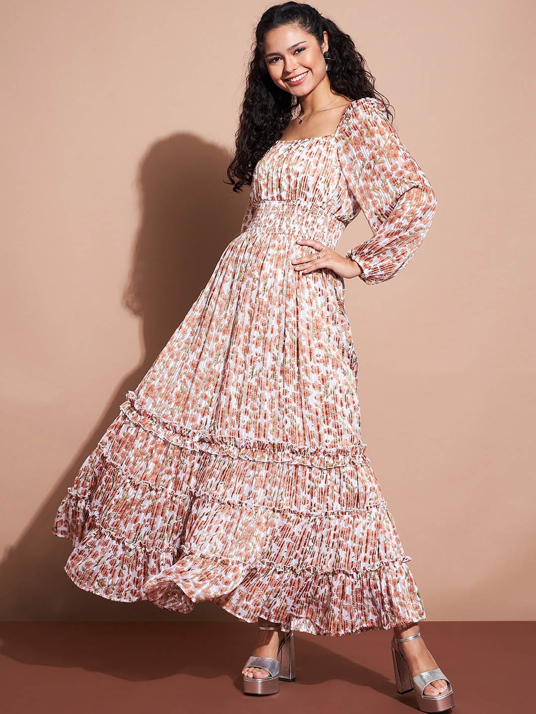 

Deewa Floral Printed Puff Sleeve Square Neck Georgette Fit & Flare Maxi Dress, White