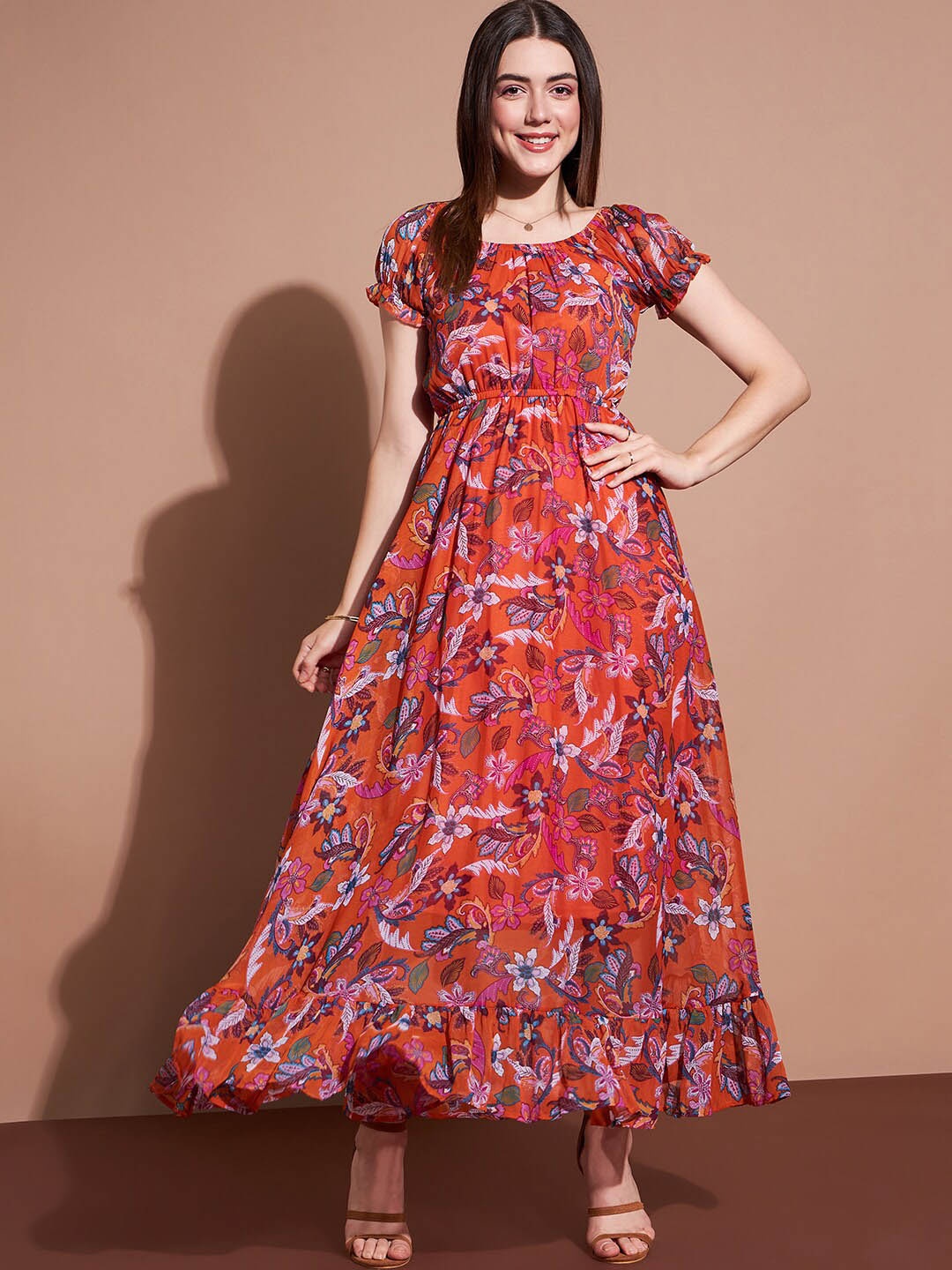 

Deewa Floral Printed Puff Sleeves Georgette Fit & Flare Maxi Dress, Orange