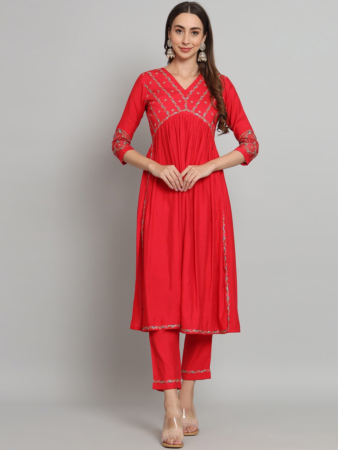 

KALINI Floral Embroidered Yoke Empire A-Line Kurta with Trousers, Red