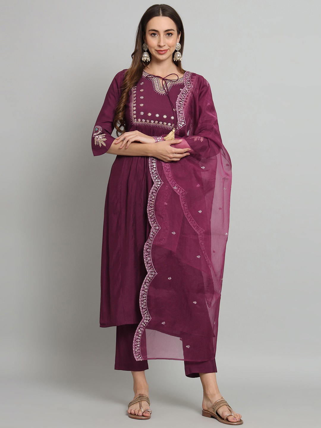

KALINI Yoke Design Regular Thread Work Kurta With Trousers & Dupatta, Burgundy