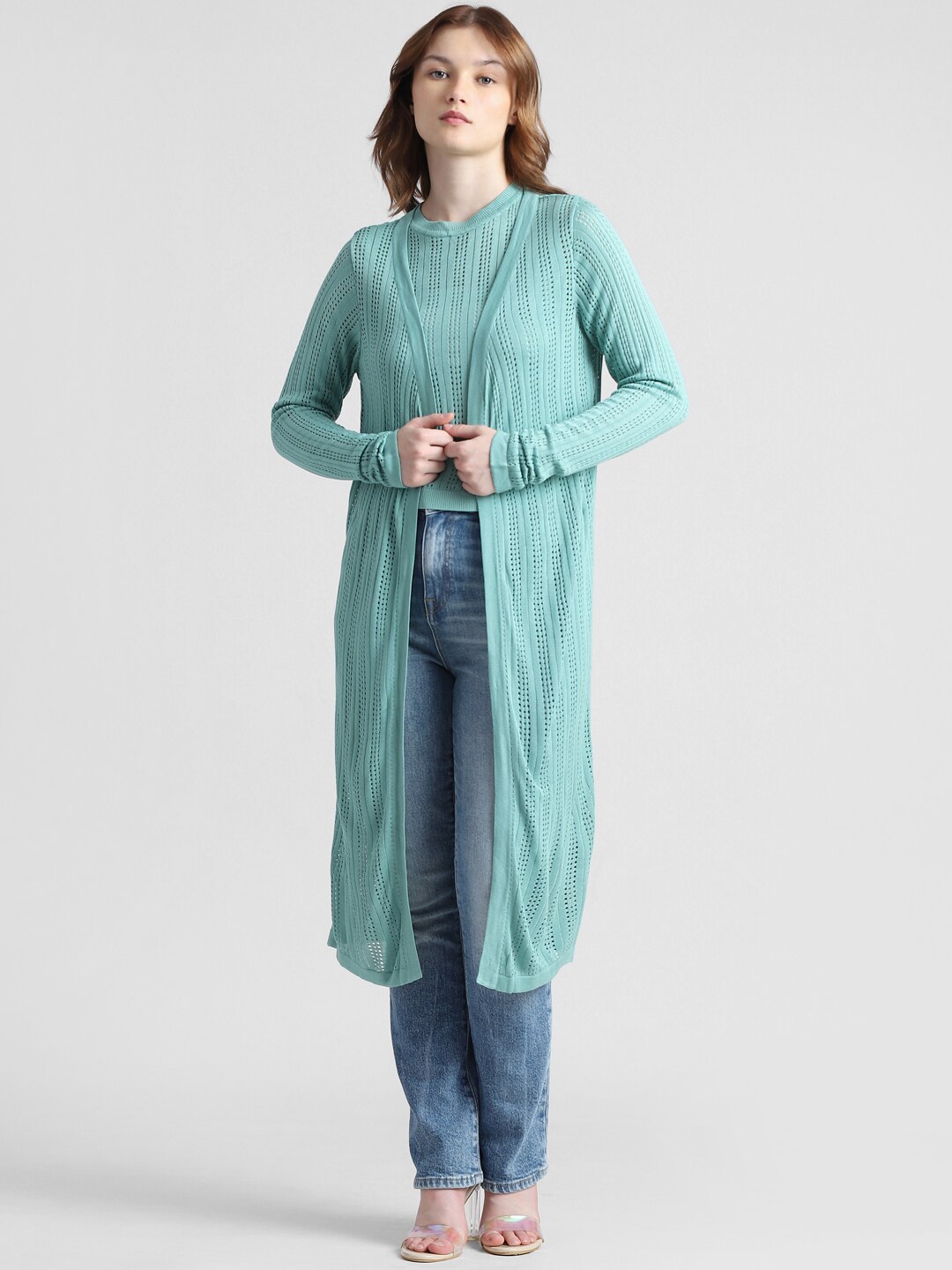 

ONLY Onld Lopp Self Design Longline Open Front Shrug, Green