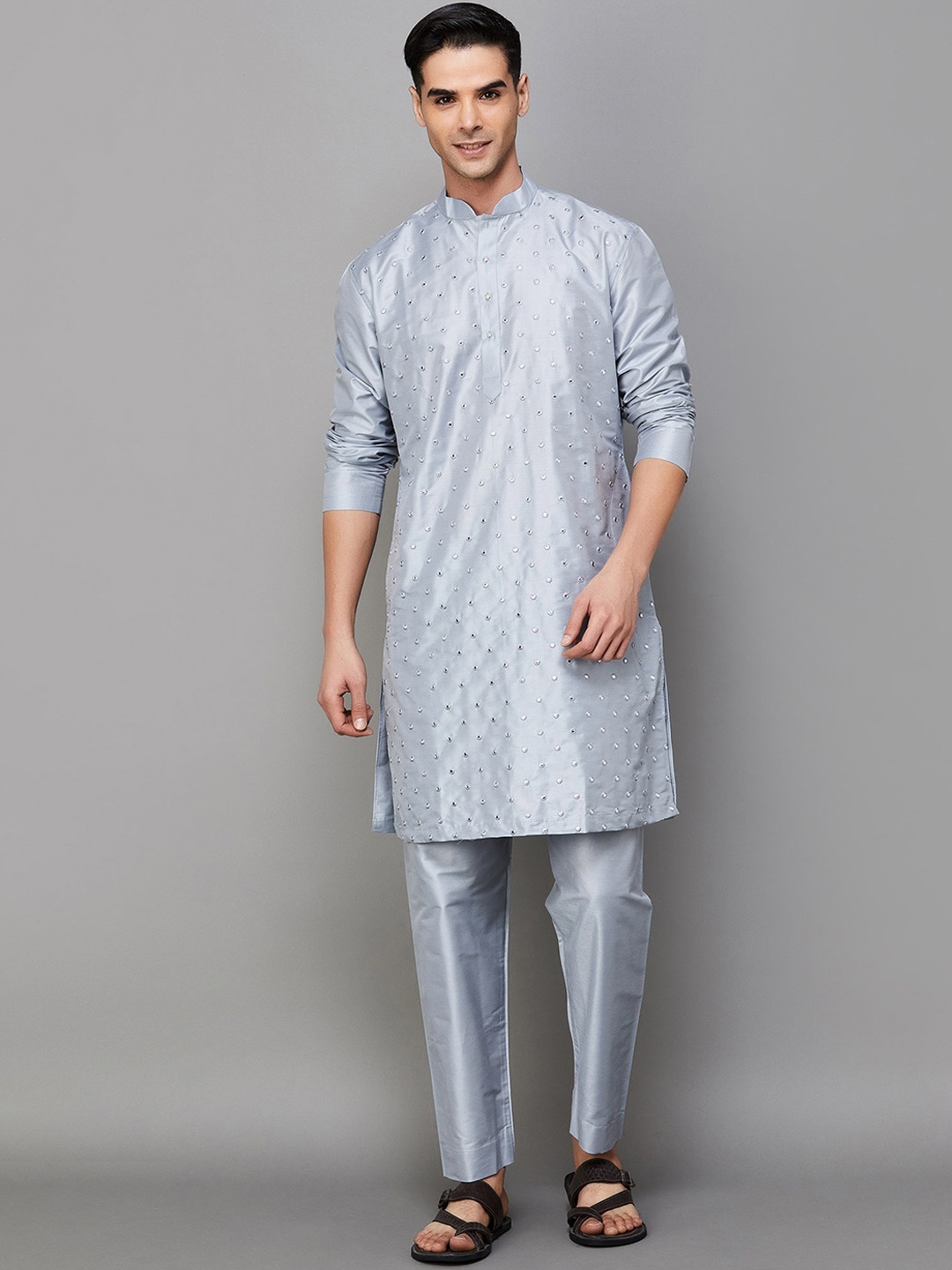 

Melange by Lifestyle Ethnic Motifs Embroidered Regular Mirror Work Kurta with Pyjama, Grey