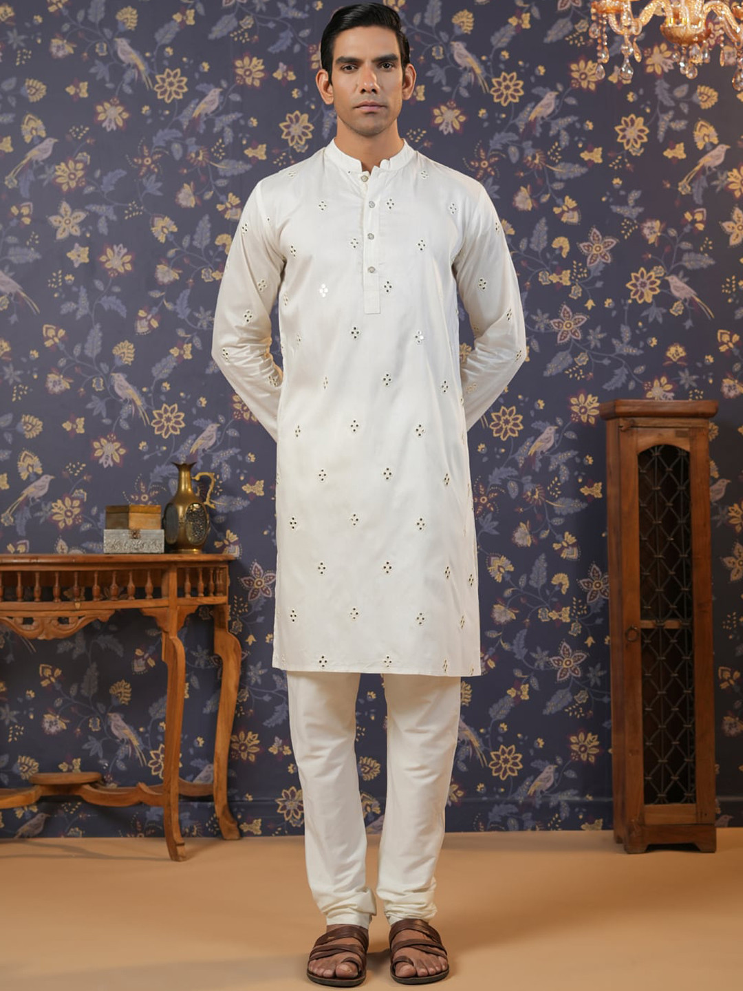 

House of Pataudi Embroidered Mirror Work Straight Kurta With Pyjama, Off white