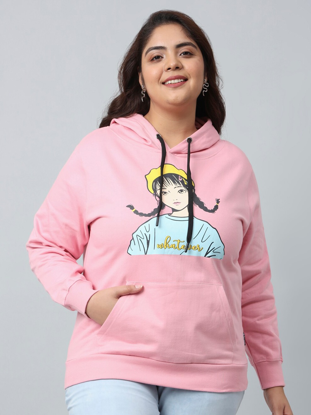 BEYOUND SIZE - THE DRY STATE Plus Size Graphic Printed Hooded Pullover Fleece Sweatshirt, Pink