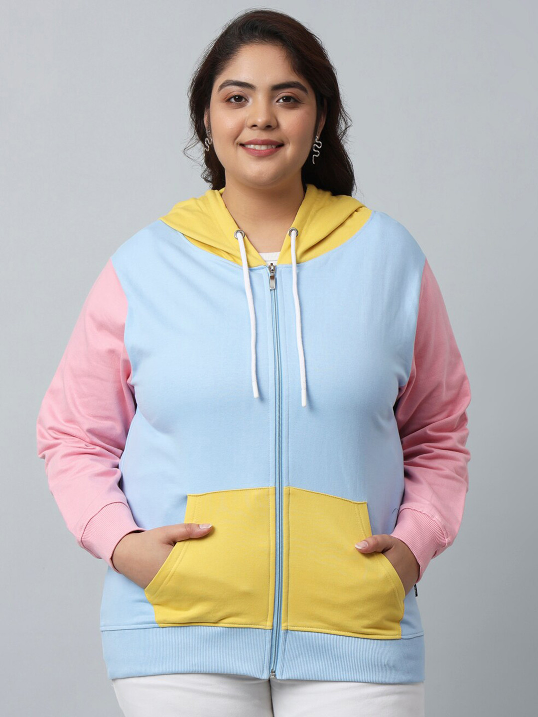 

BEYOUND SIZE - THE DRY STATE Plus Size Colourblocked Hooded Front-Open Fleece Sweatshirt, Blue