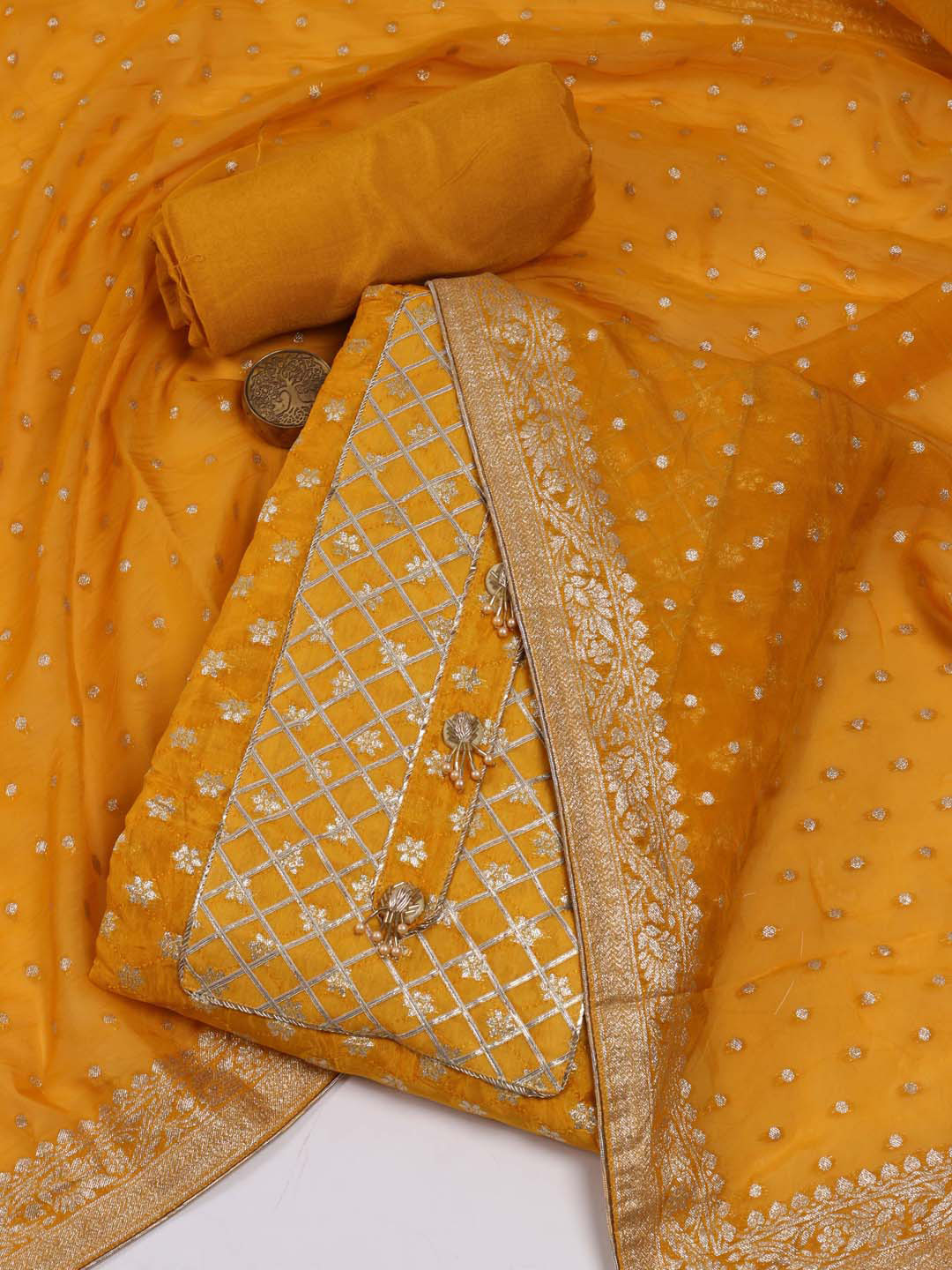 

Meena Bazaar Ethnic Motifs Woven Design Gotta Patti Art Silk Unstitched Dress Material, Mustard