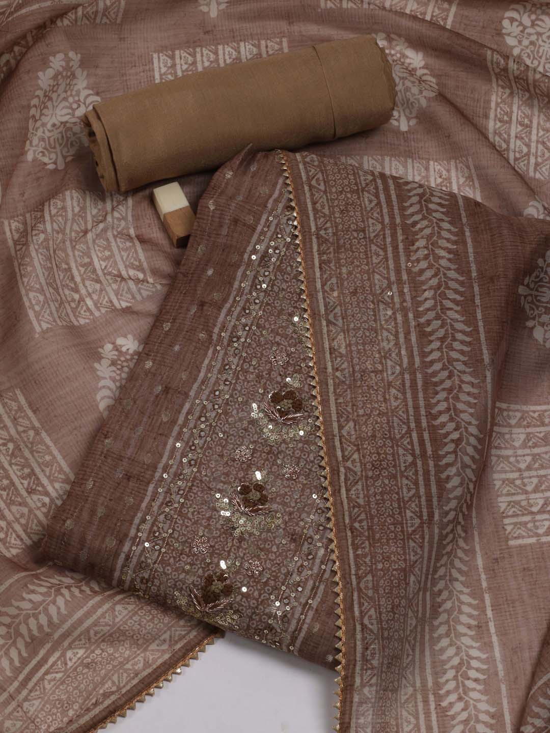 

Meena Bazaar Geometric Woven Design Sequinned Detailed Unstitched Dress Material, Brown