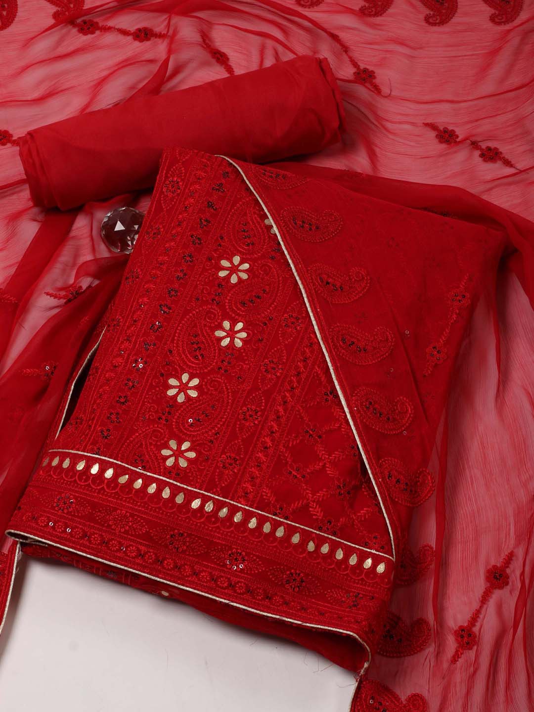 

Meena Bazaar Floral Embroidered Sequinned Unstitched Dress Material, Red