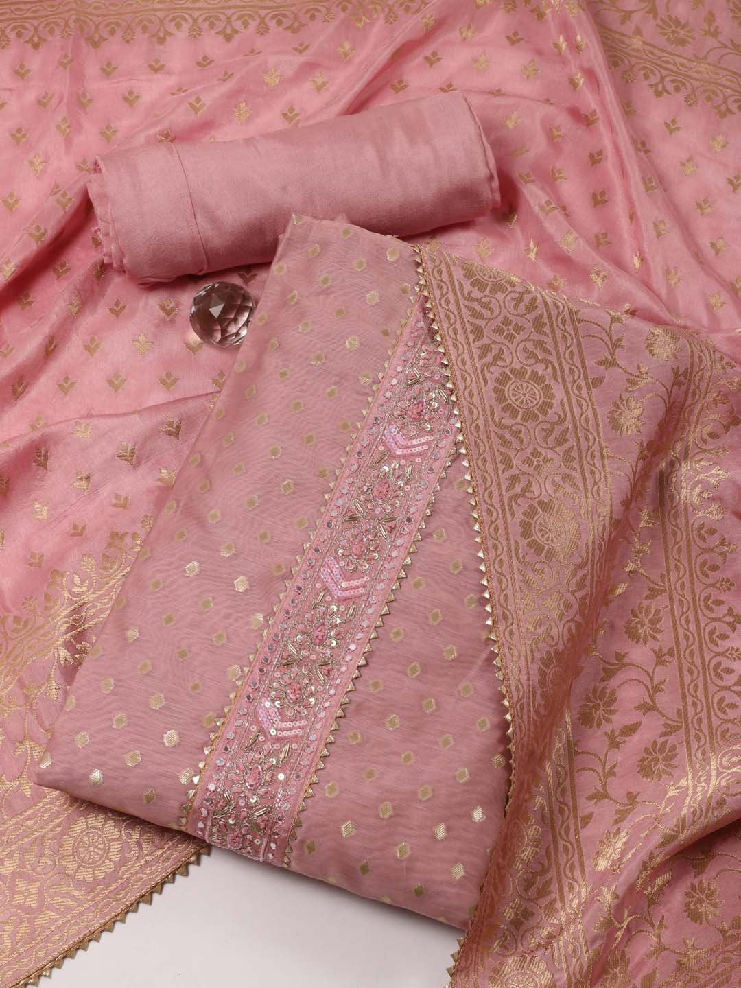 

Meena Bazaar Woven Design Sequinned Unstitched Dress Material, Pink