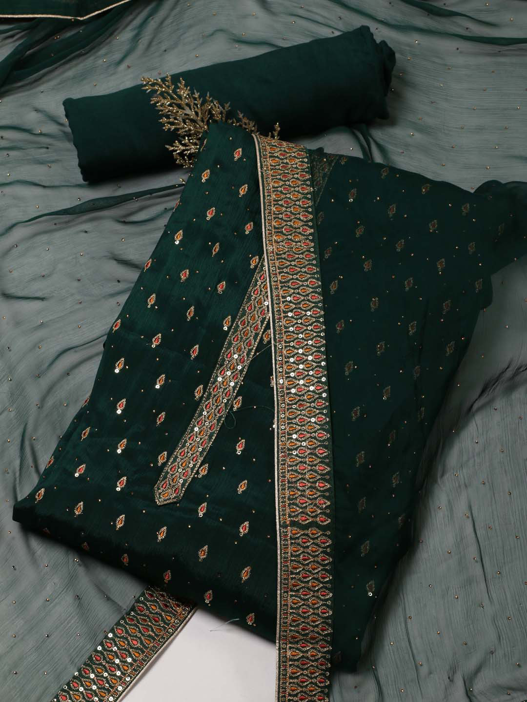 

Meena Bazaar Ethnic Motifs Woven Design Art Silk Unstitched Dress Material, Green