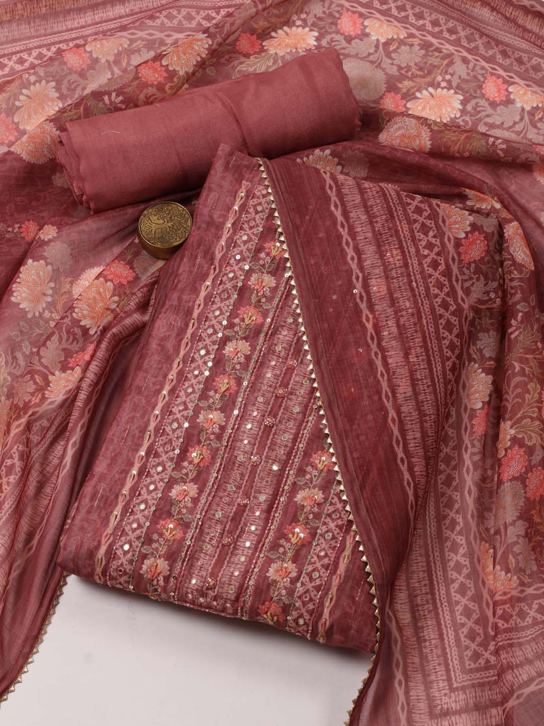 

Meena Bazaar Floral Woven Design Gotta Patti Art Silk Unstitched Dress Material, Pink