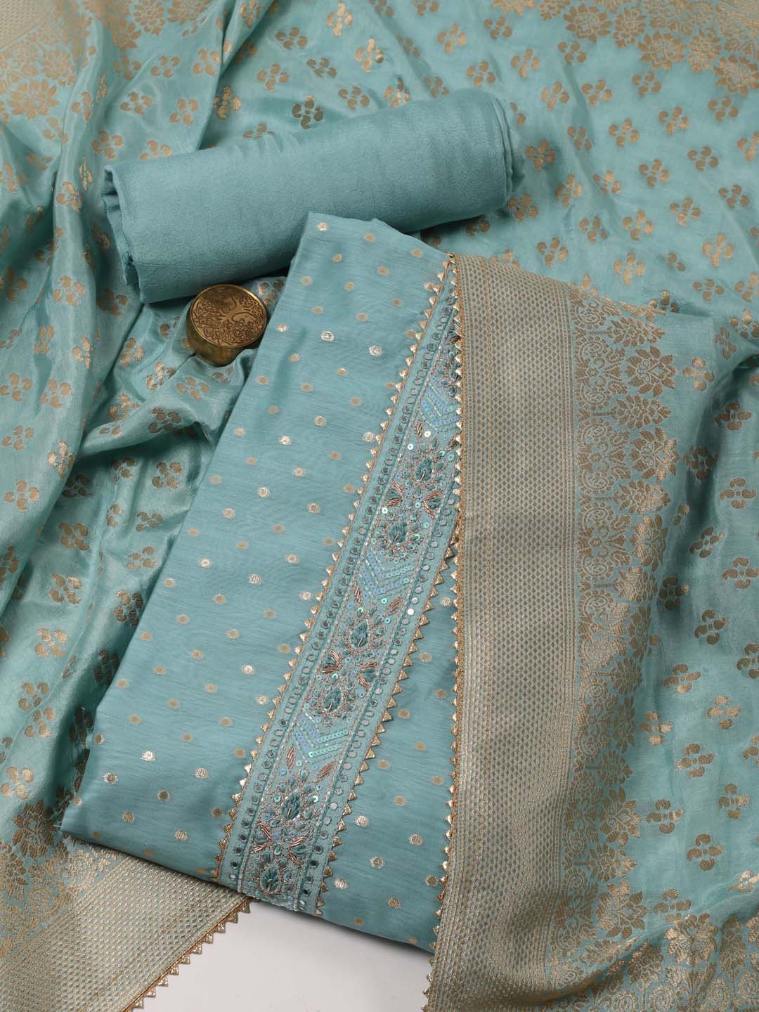 

Meena Bazaar Floral Woven Design Unstitched Dress Material, Blue