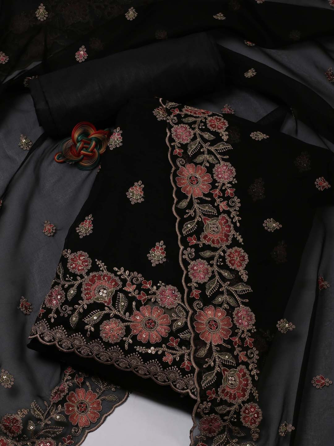 

Meena Bazaar Floral Embroidered Sequinned Organza Unstitched Dress Material, Black