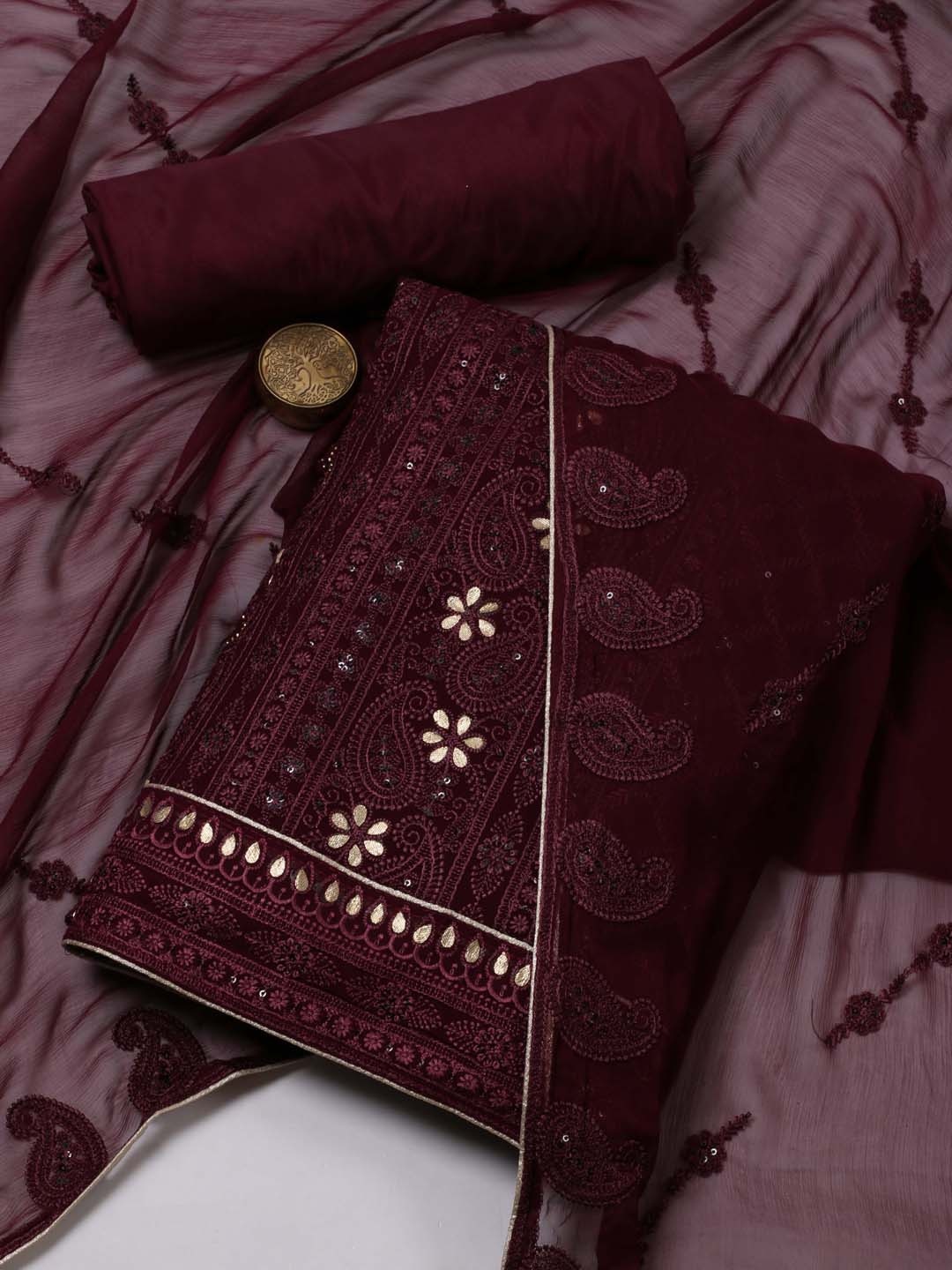 

Meena Bazaar Ethnic Motifs Embroidered Sequinned Unstitched Dress Material, Burgundy