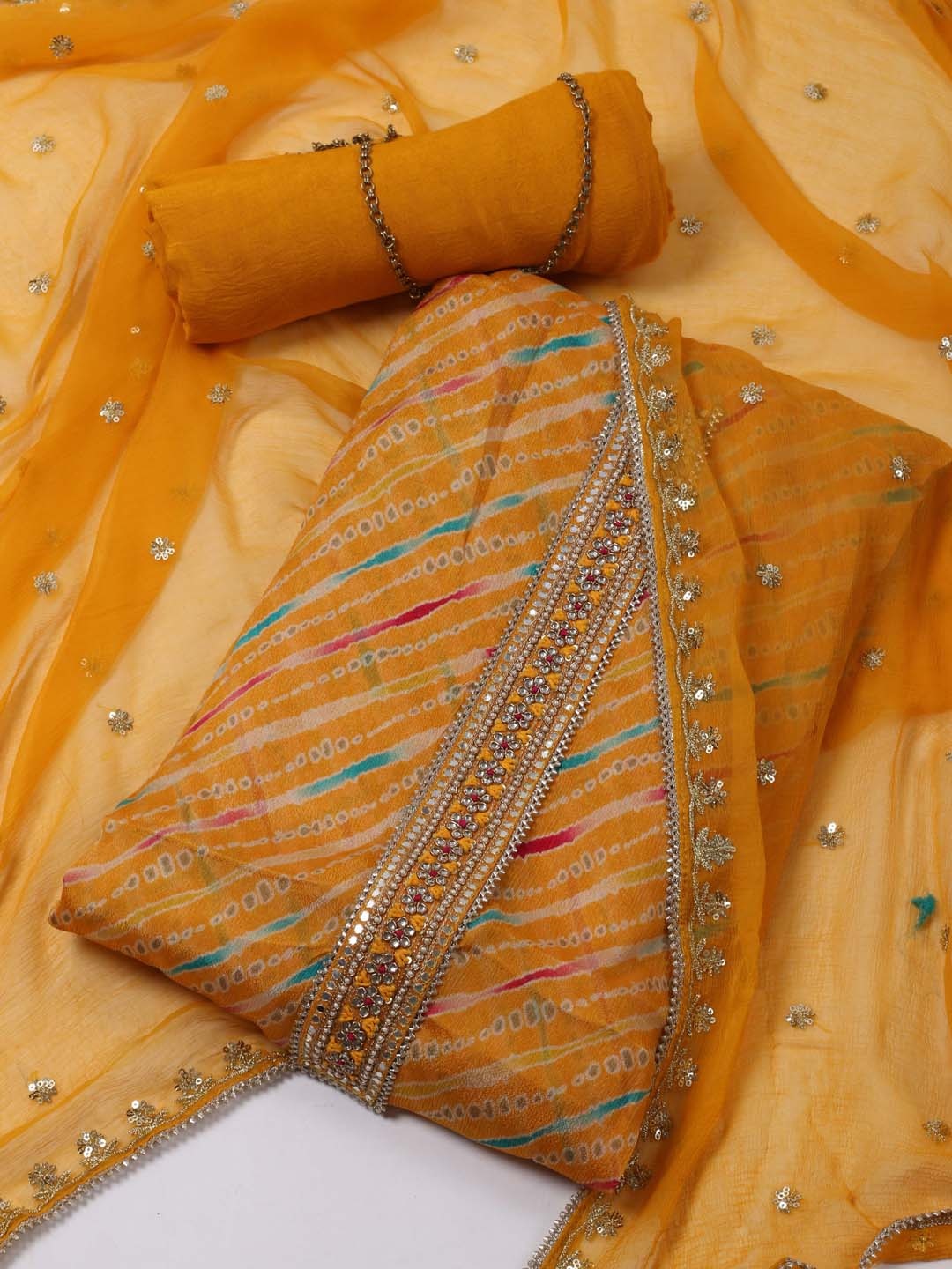 

Meena Bazaar Leheriya Printed Sequinned Unstitched Dress Material, Mustard