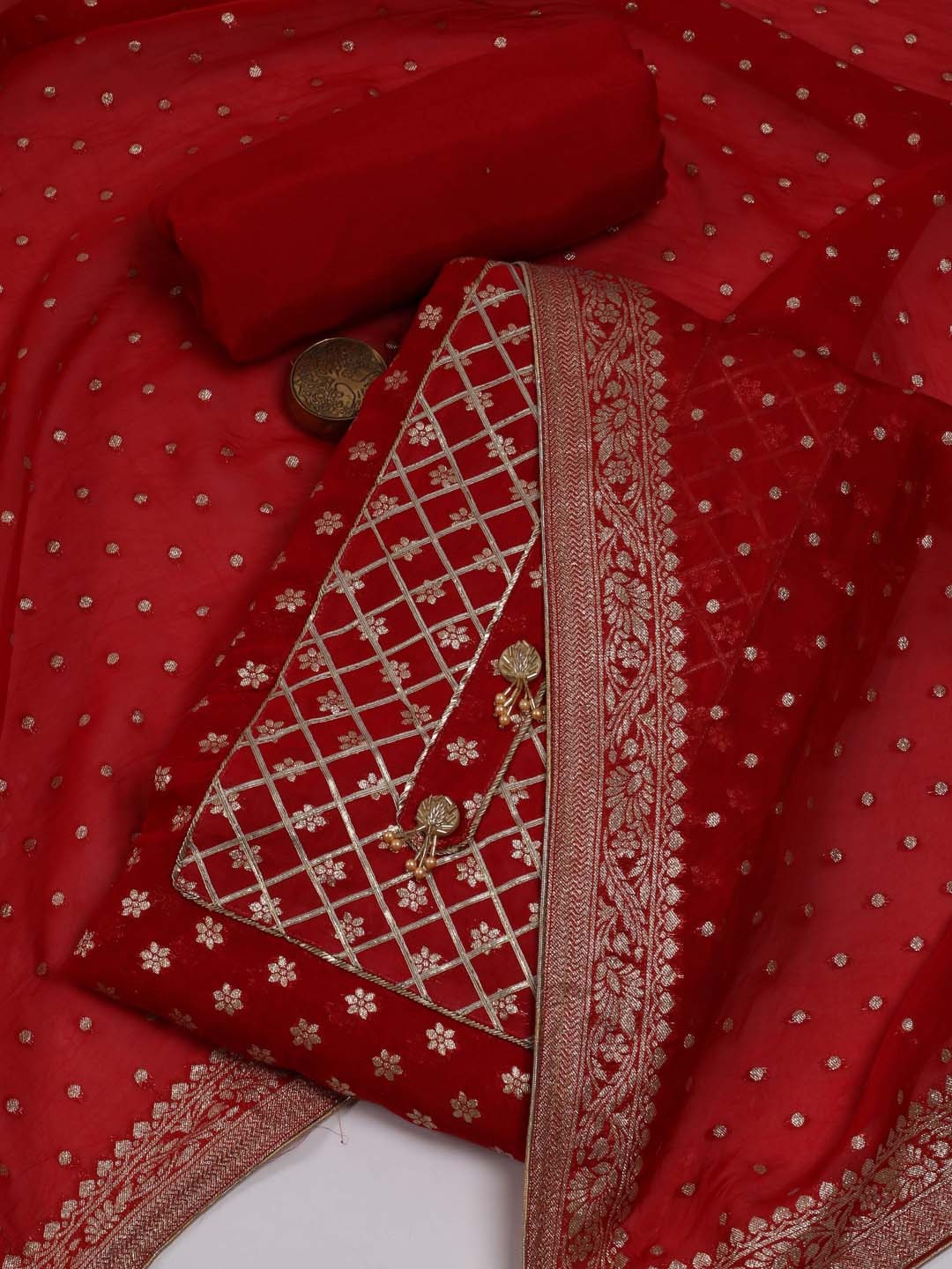 

Meena Bazaar Ethnic Motifs Woven Design Art Silk Unstitched Dress Material, Red