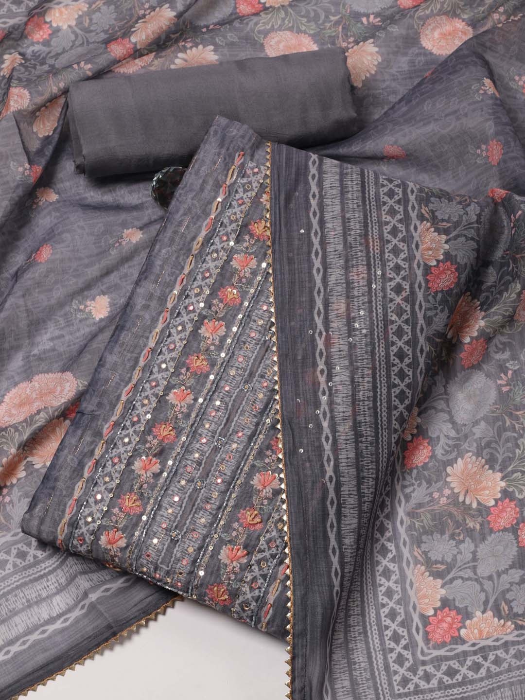

Meena Bazaar Floral Woven Design Mirror Work Unstitched Dress Material, Grey