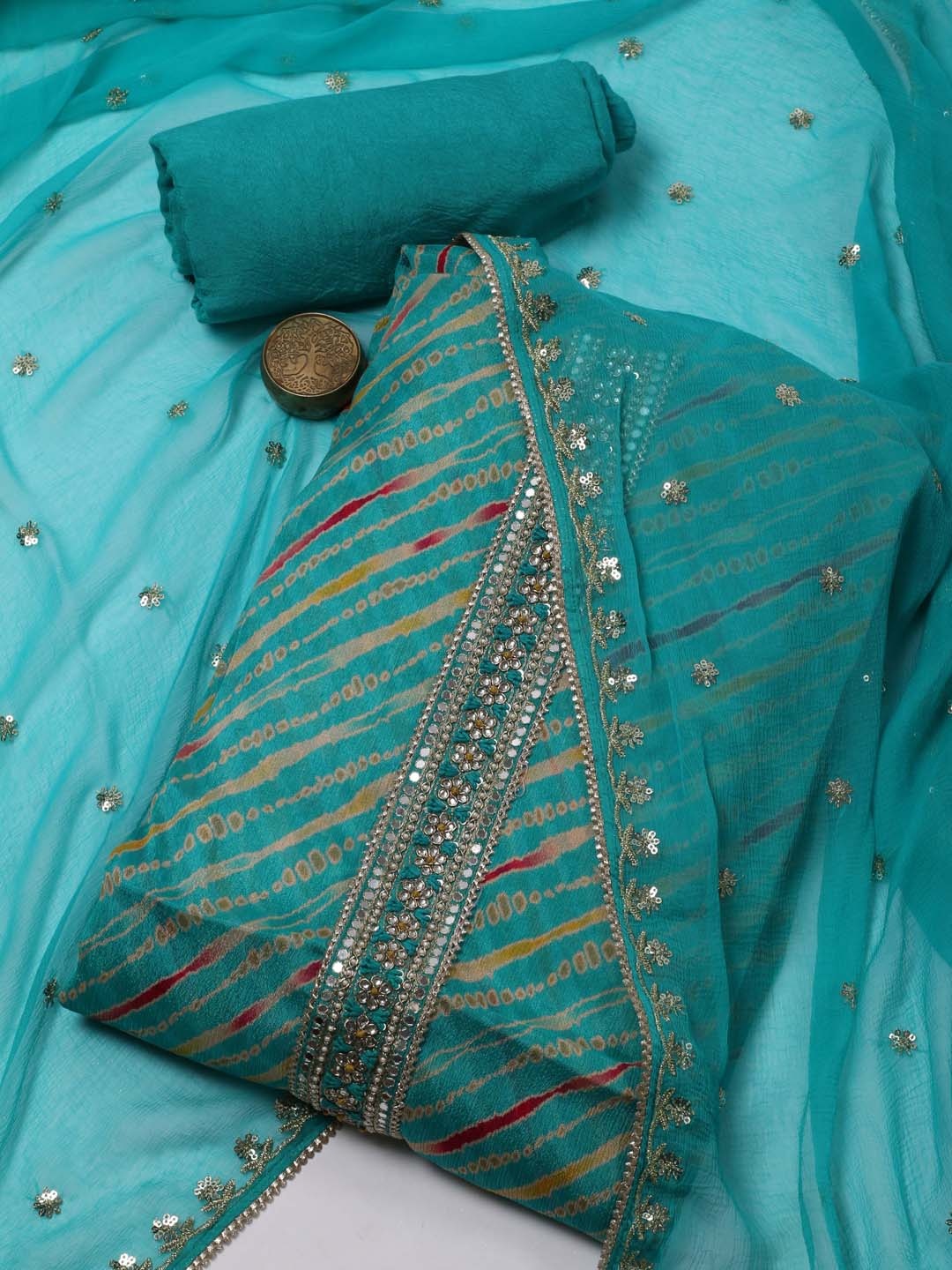 

Meena Bazaar Leheriya Printed Sequinned Unstitched Dress Material, Blue