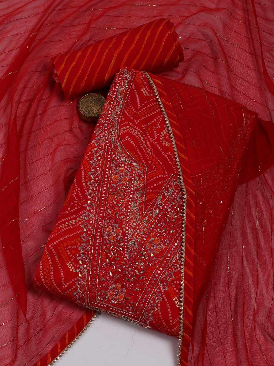 

Meena Bazaar Bandhani Printed Sequinned Unstitched Dress Material, Red