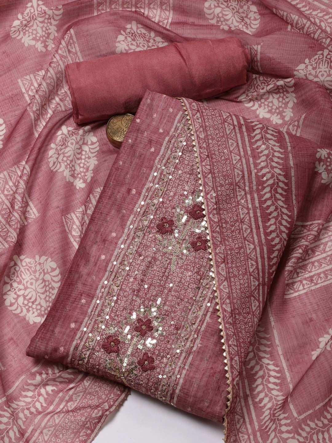 

Meena Bazaar Floral Woven Design Gotta Patti Art Silk Unstitched Dress Material, Pink