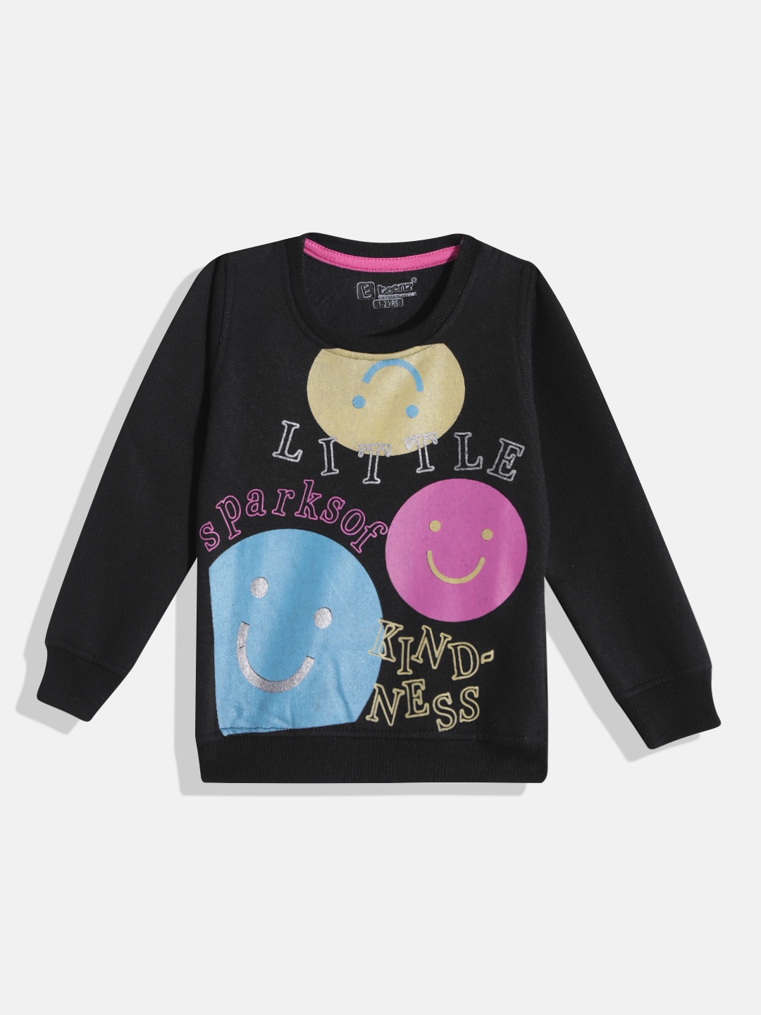 

Eteenz Girls Smiley & Typography Printed Round-Neck Premium Cotton Sweatshirt, Black