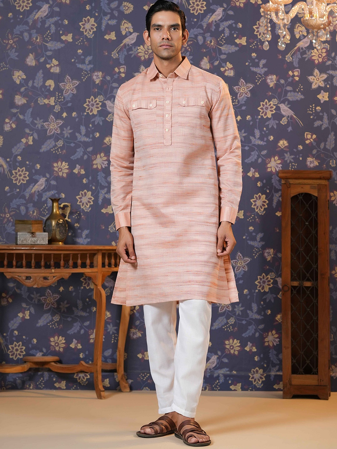 

House of Pataudi Striped Straight Pure Cotton Kurta With Trousers, Peach