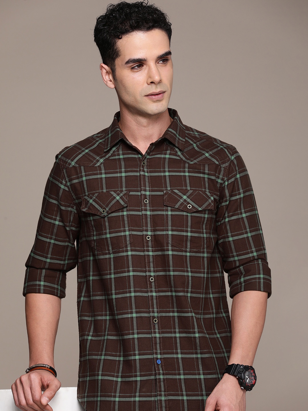

FORCE IX Pure Cotton Tartan Checks Opaque Casual Shirt, Coffee brown