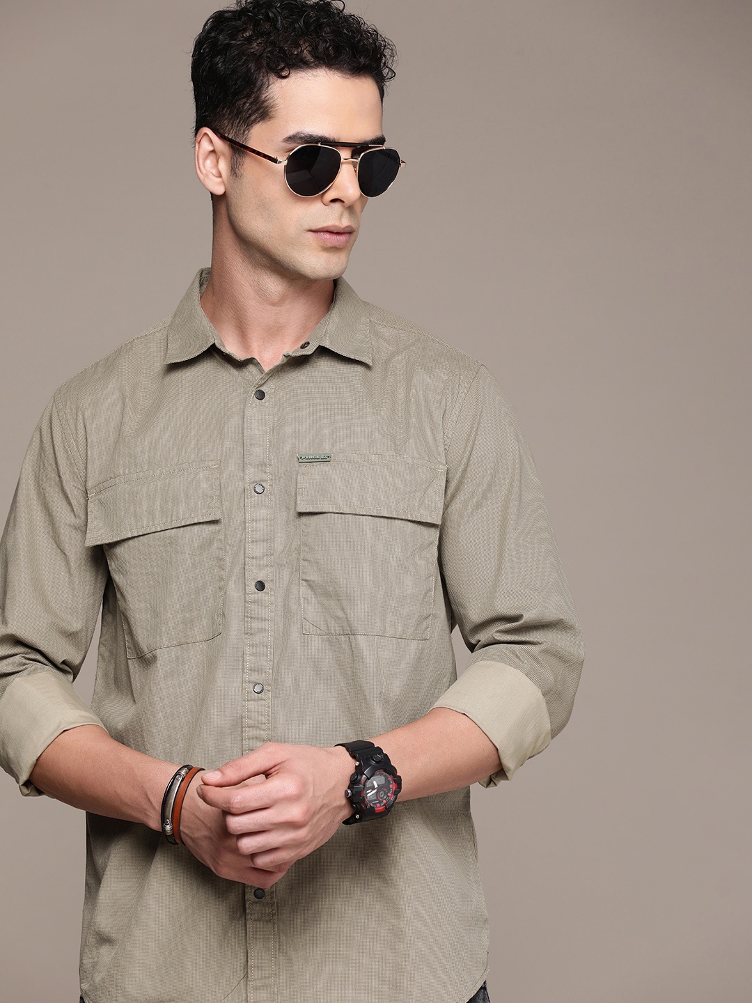 

FORCE IX Pure Cotton Micro Checks Opaque Casual Shirt, Green